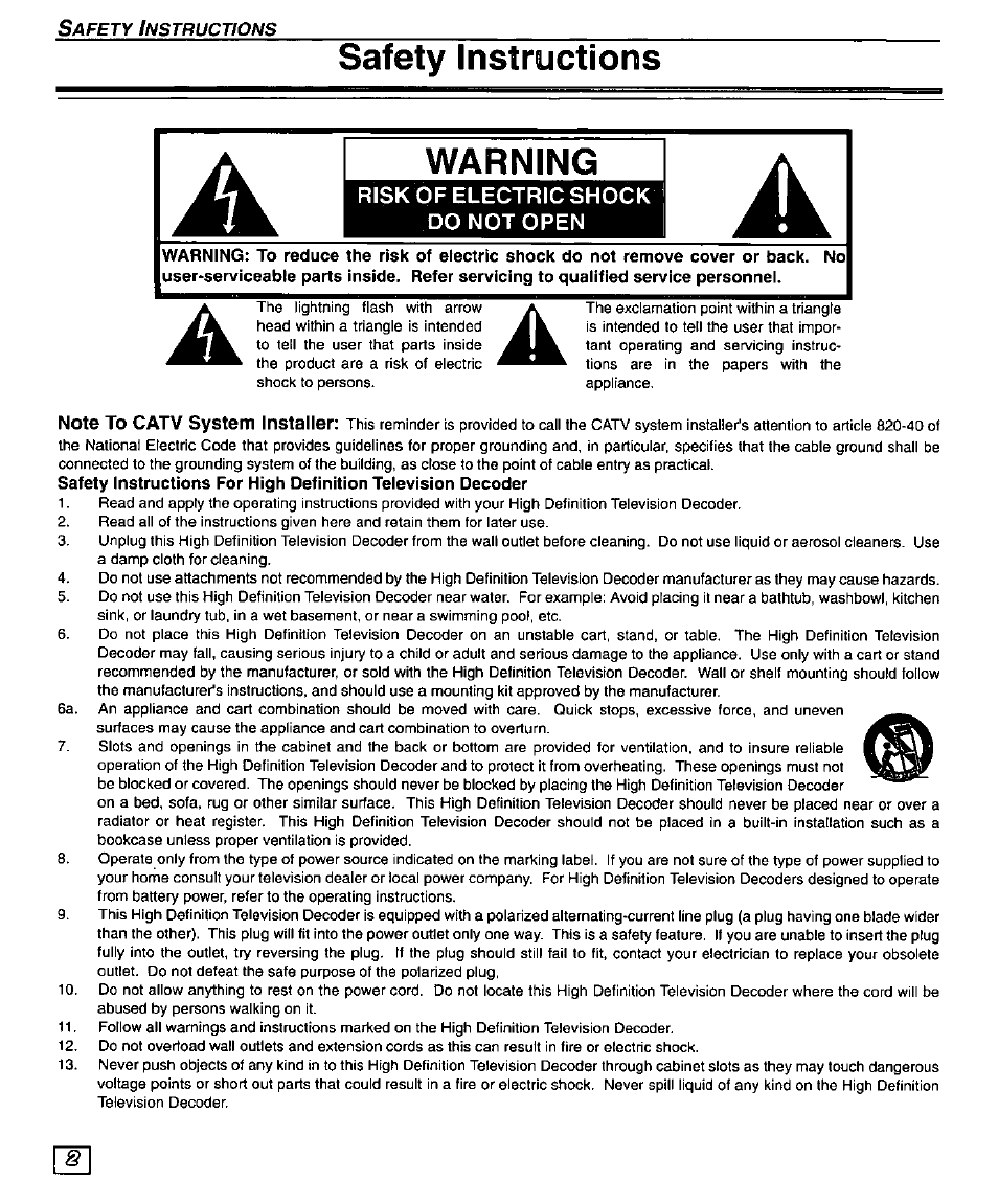 Safety instructions, Warning | Panasonic TU-DST50 User Manual | Page 4 / 58