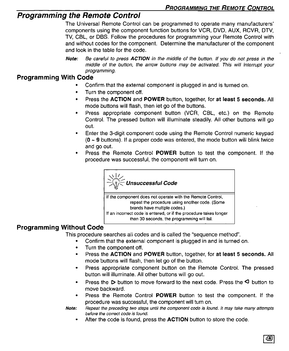 Programming the remote control, Programming with code, Programming without code | Panasonic TU-DST50 User Manual | Page 45 / 58