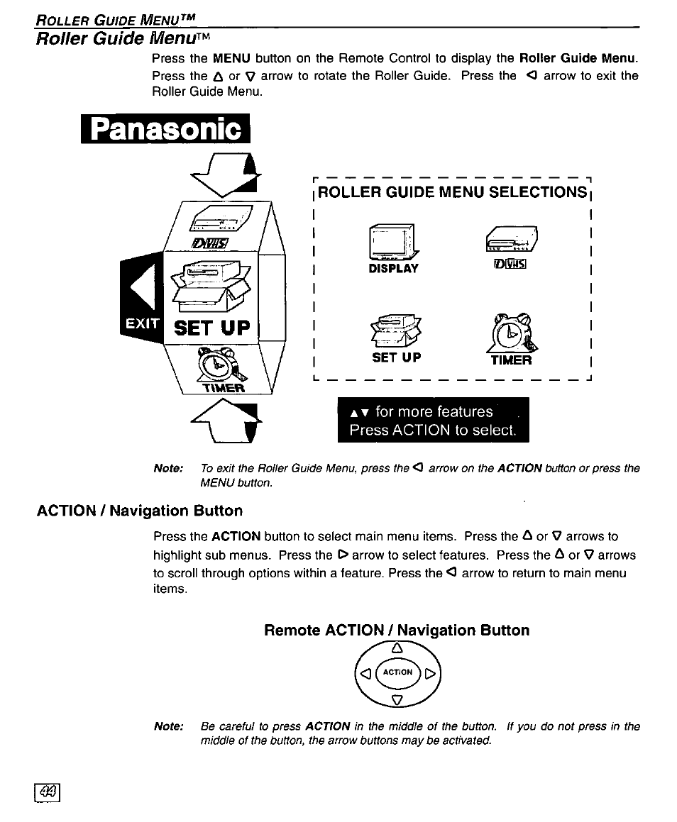 Roller guide menu, Roller guide menu selections, Action / navigation button | Remote action / navigation button, Panasonic | Panasonic TU-DST50 User Manual | Page 46 / 58