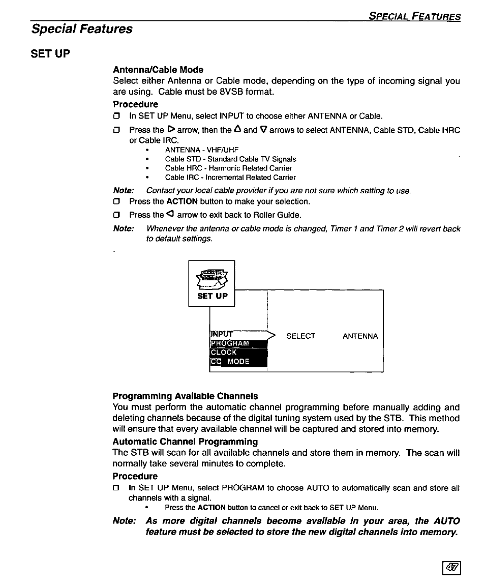 Special features, Setup, Antenna/cable mode | Procedure, Programming available channels | Panasonic TU-DST50 User Manual | Page 49 / 58