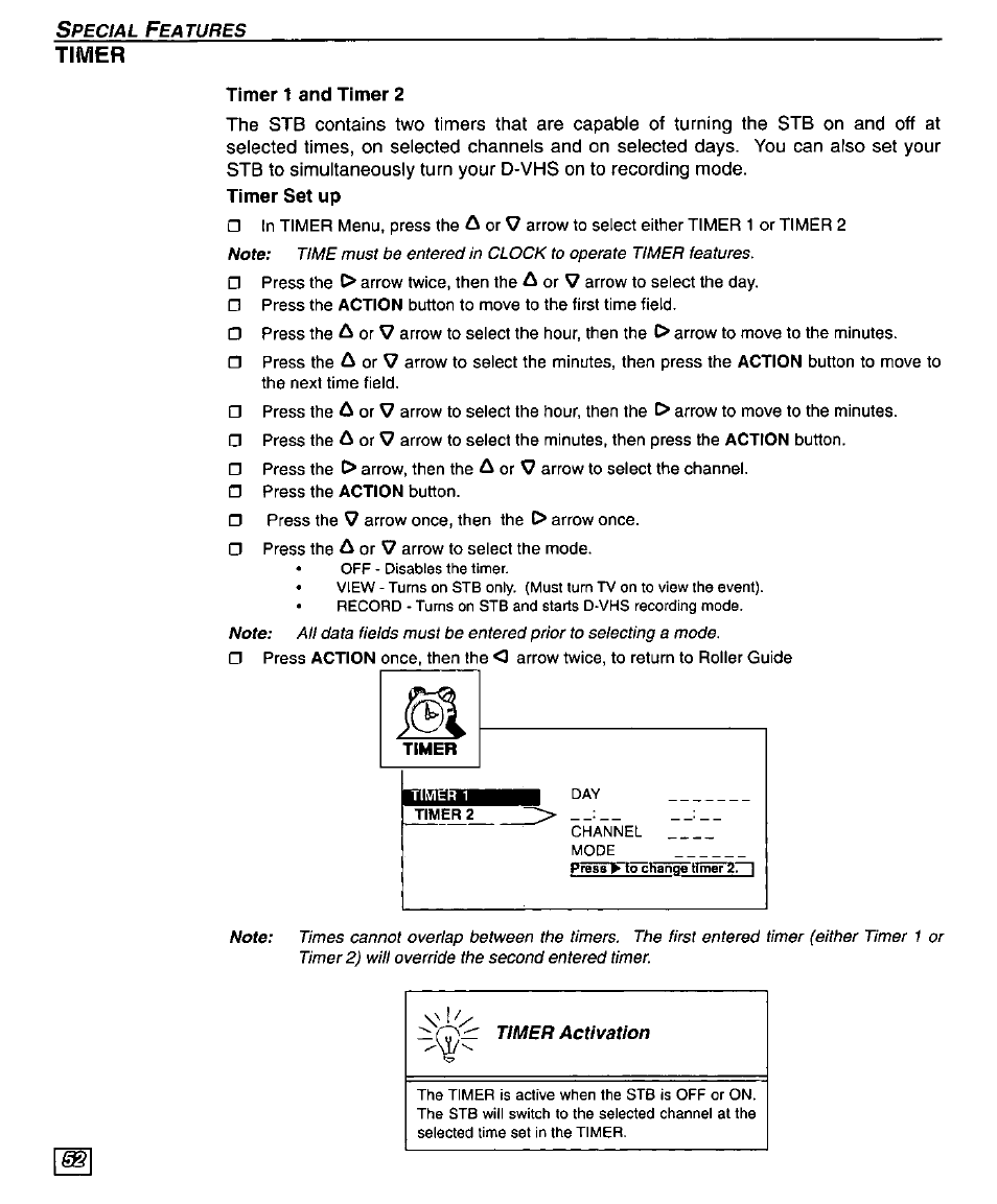 Timer, Timer 1 and timer 2, Timer set up | Timer 1 and 2 | Panasonic TU-DST50 User Manual | Page 54 / 58