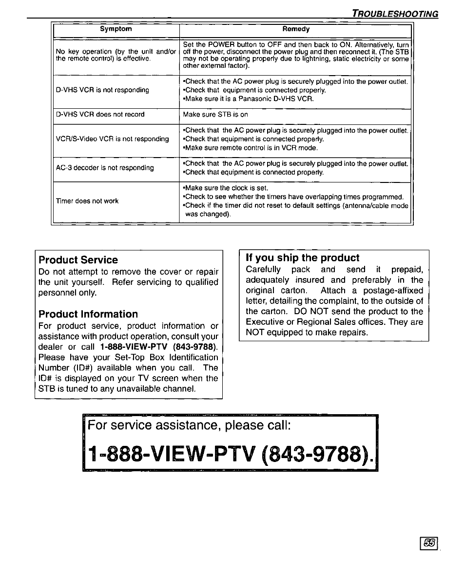 Product service, Product information, If you ship the product | For service assistance, please call | Panasonic TU-DST50 User Manual | Page 57 / 58