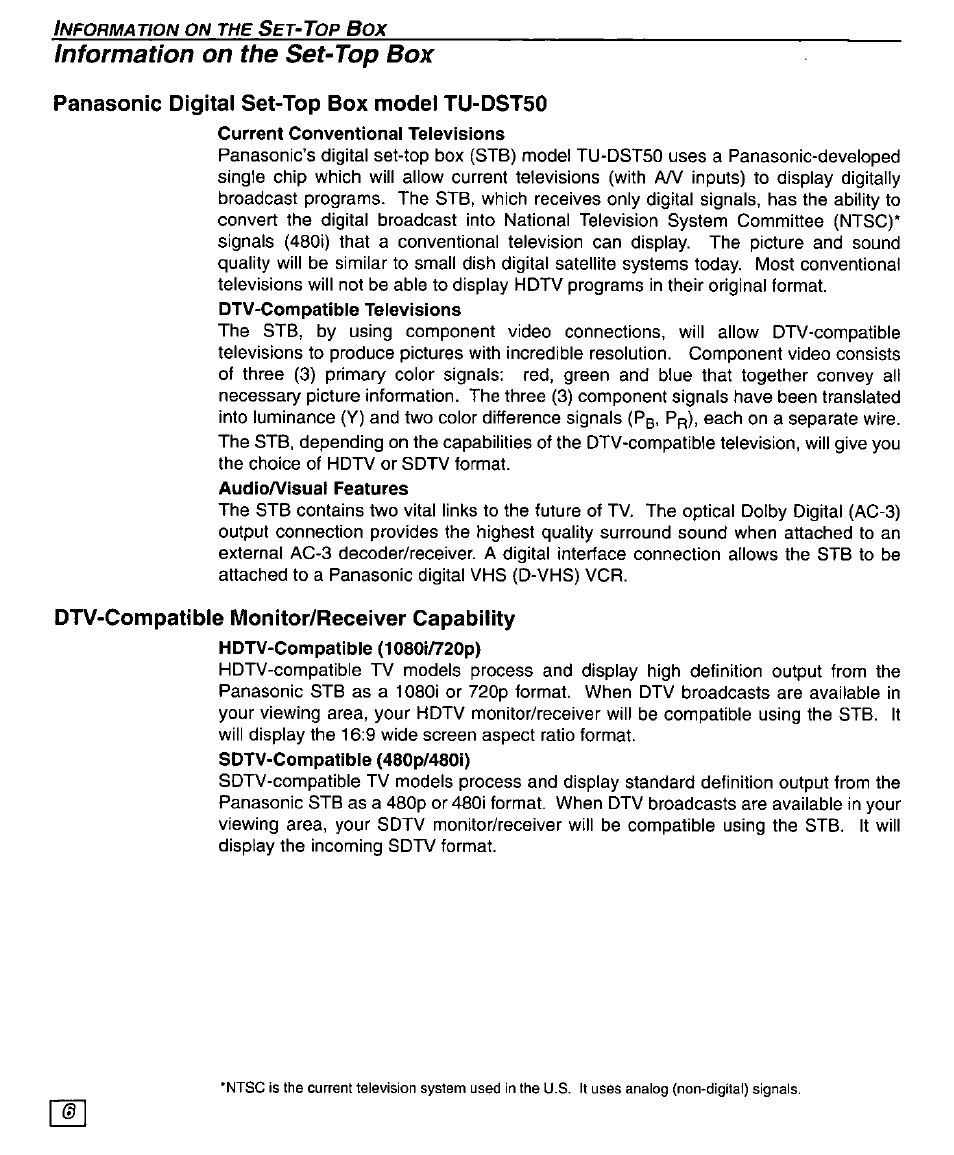 Information on the set-top box, Panasonic digital set-top box model tu-dst50, Dtv-compatible monitor/receiver capability | Panasonic TU-DST50 User Manual | Page 8 / 58