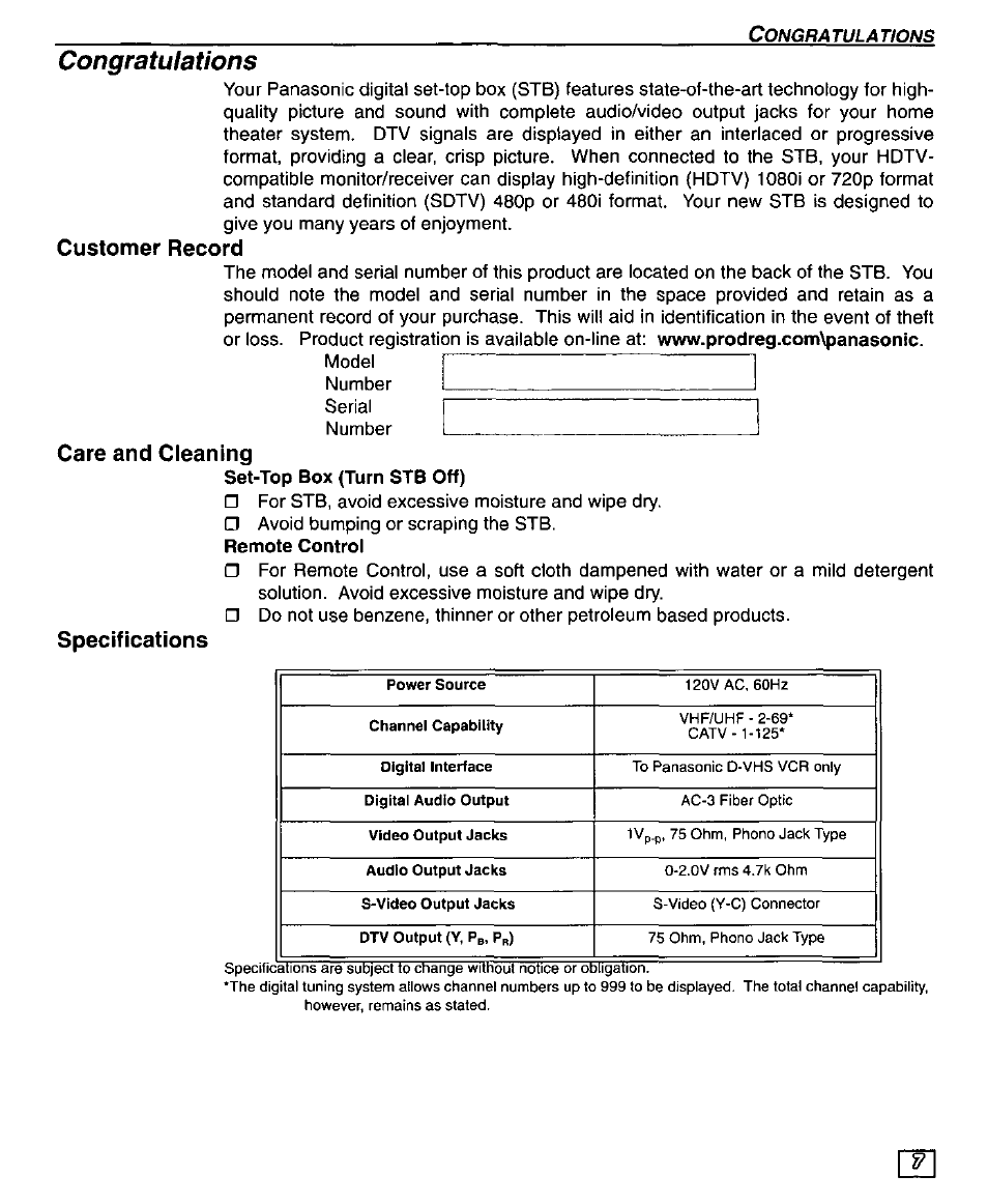 Congratulations, Customer record, Care and cleaning | Customer record care and cleaning, Specifications | Panasonic TU-DST50 User Manual | Page 9 / 58