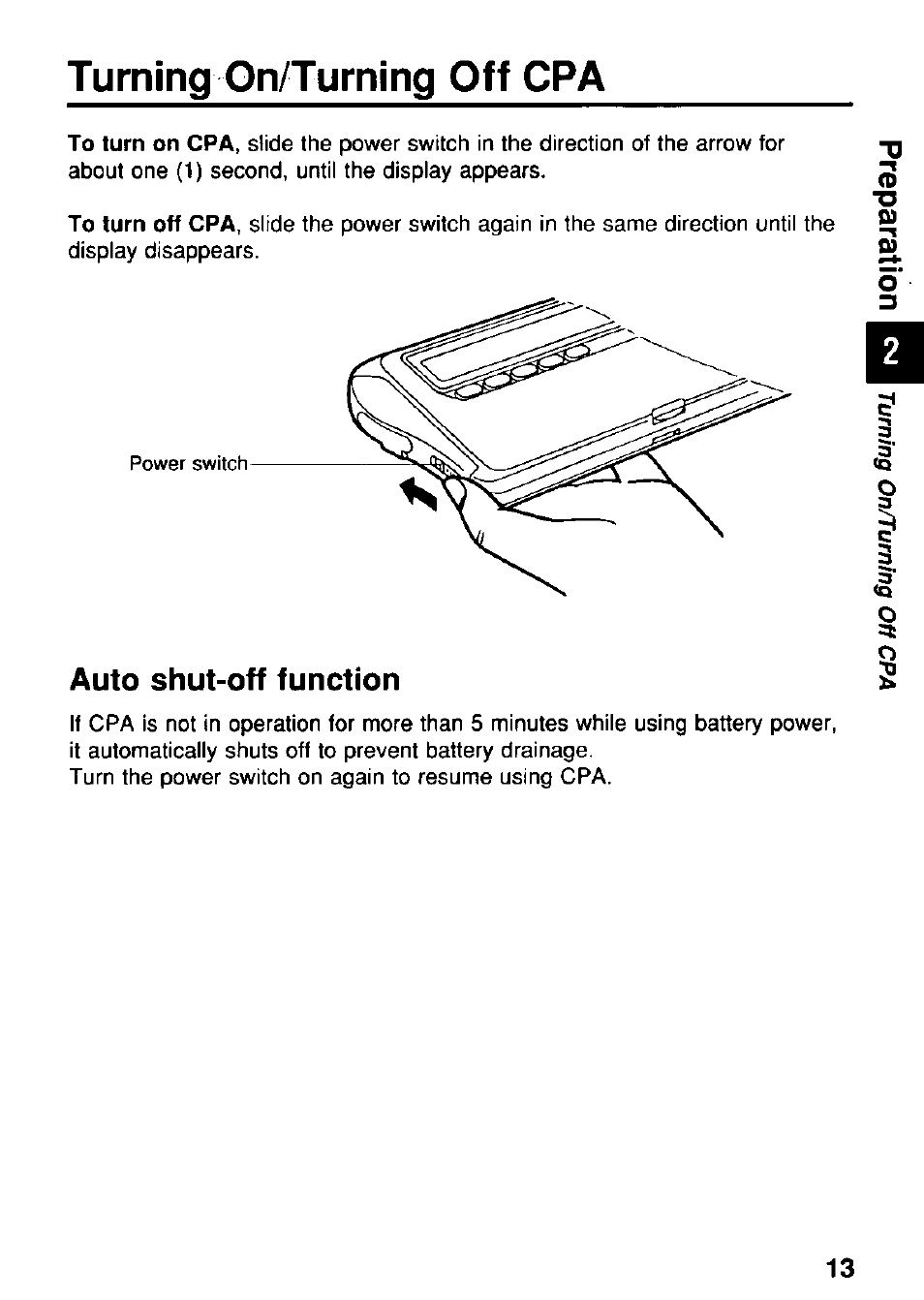 Turning on/turning off cpa, Auto shut-off function | Panasonic KX-RC95 User Manual | Page 13 / 68