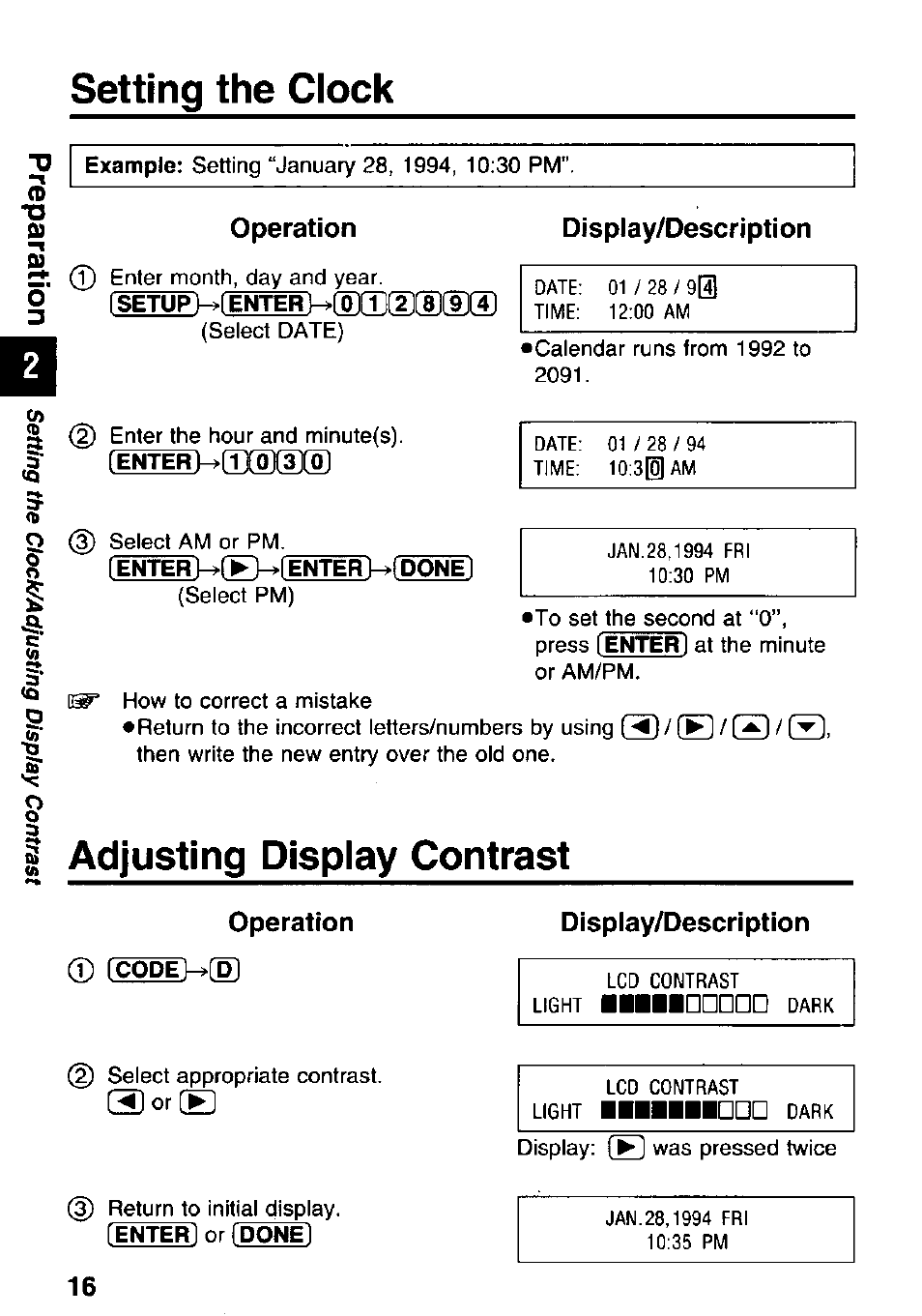 Setting the clock, Adjusting display contrast, Setting the clock g | Adjusting display contrast g, Operation display/description, Operation, Dispiay/description | Panasonic KX-RC95 User Manual | Page 16 / 68