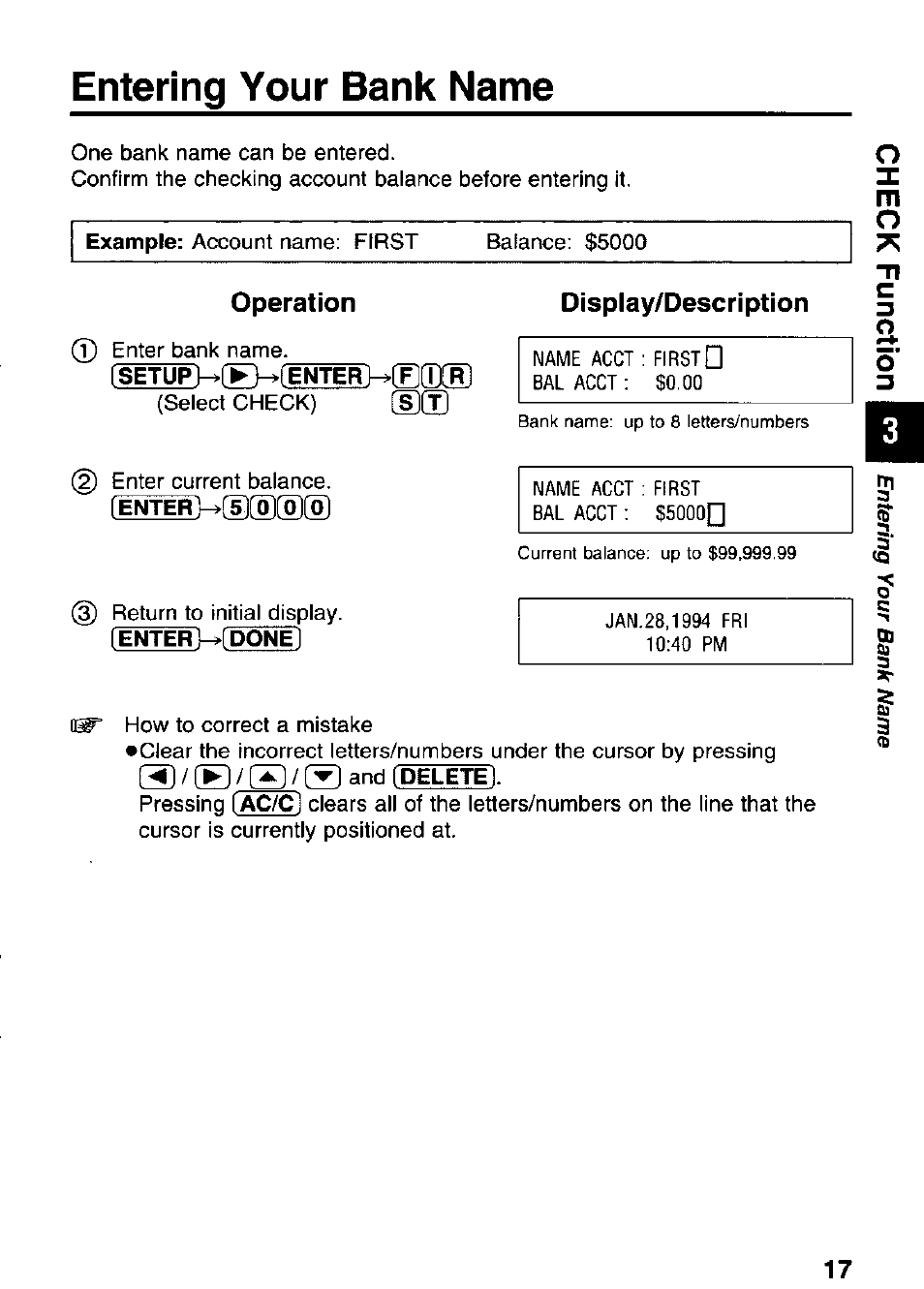 Entering your bank name, Operation display/description | Panasonic KX-RC95 User Manual | Page 17 / 68