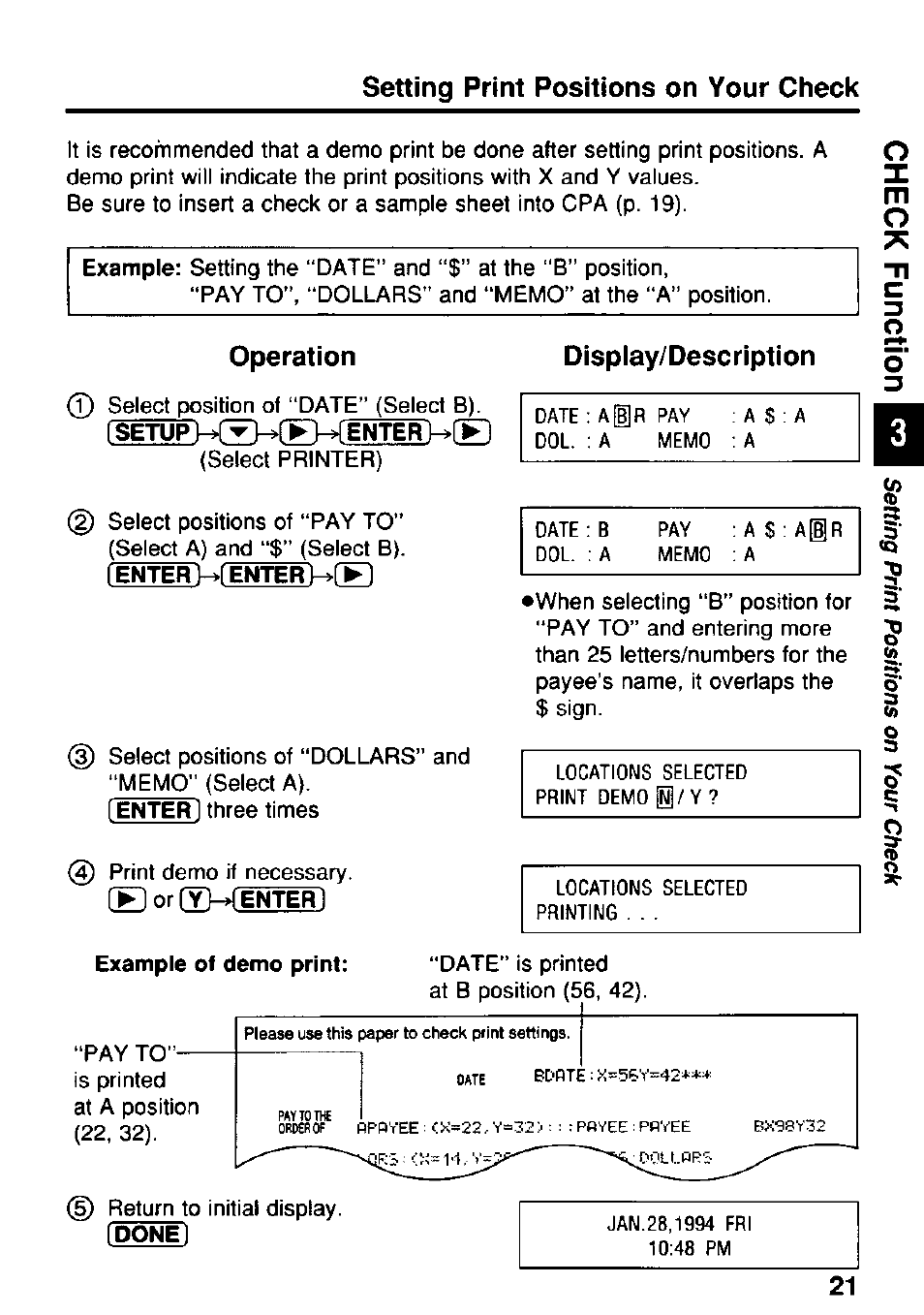 Operation, Display/description, Preparation | Setting print positions on your check | Panasonic KX-RC95 User Manual | Page 21 / 68