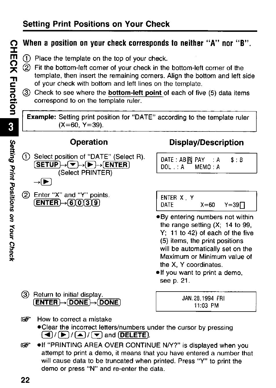 Operation, Display/description, Setting print positions on your check | Panasonic KX-RC95 User Manual | Page 22 / 68