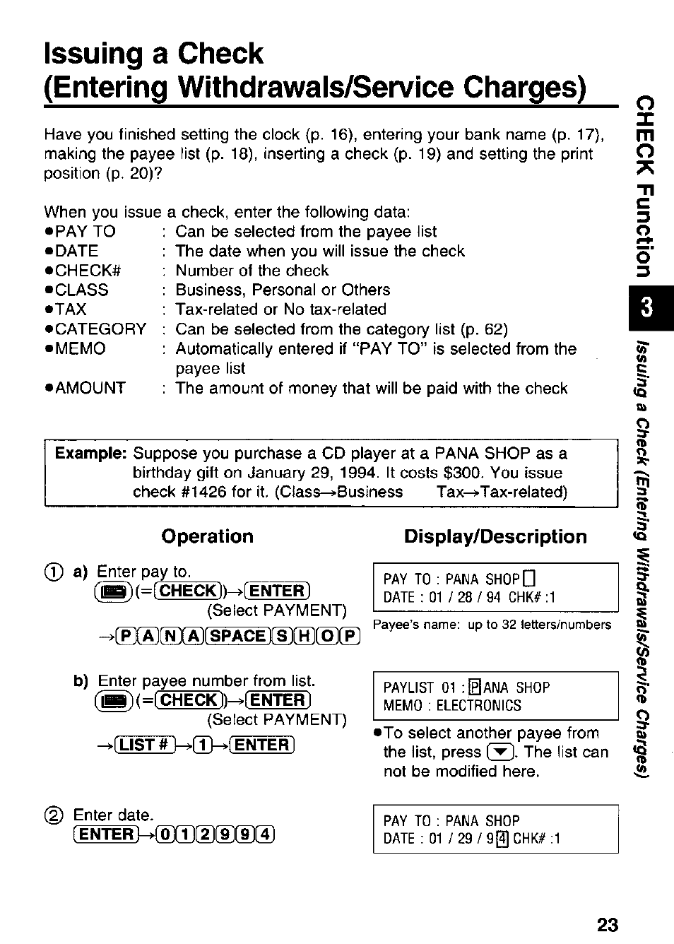 Issuing a check, Entering withdrawals/service charges), Operation | Display/description | Panasonic KX-RC95 User Manual | Page 23 / 68