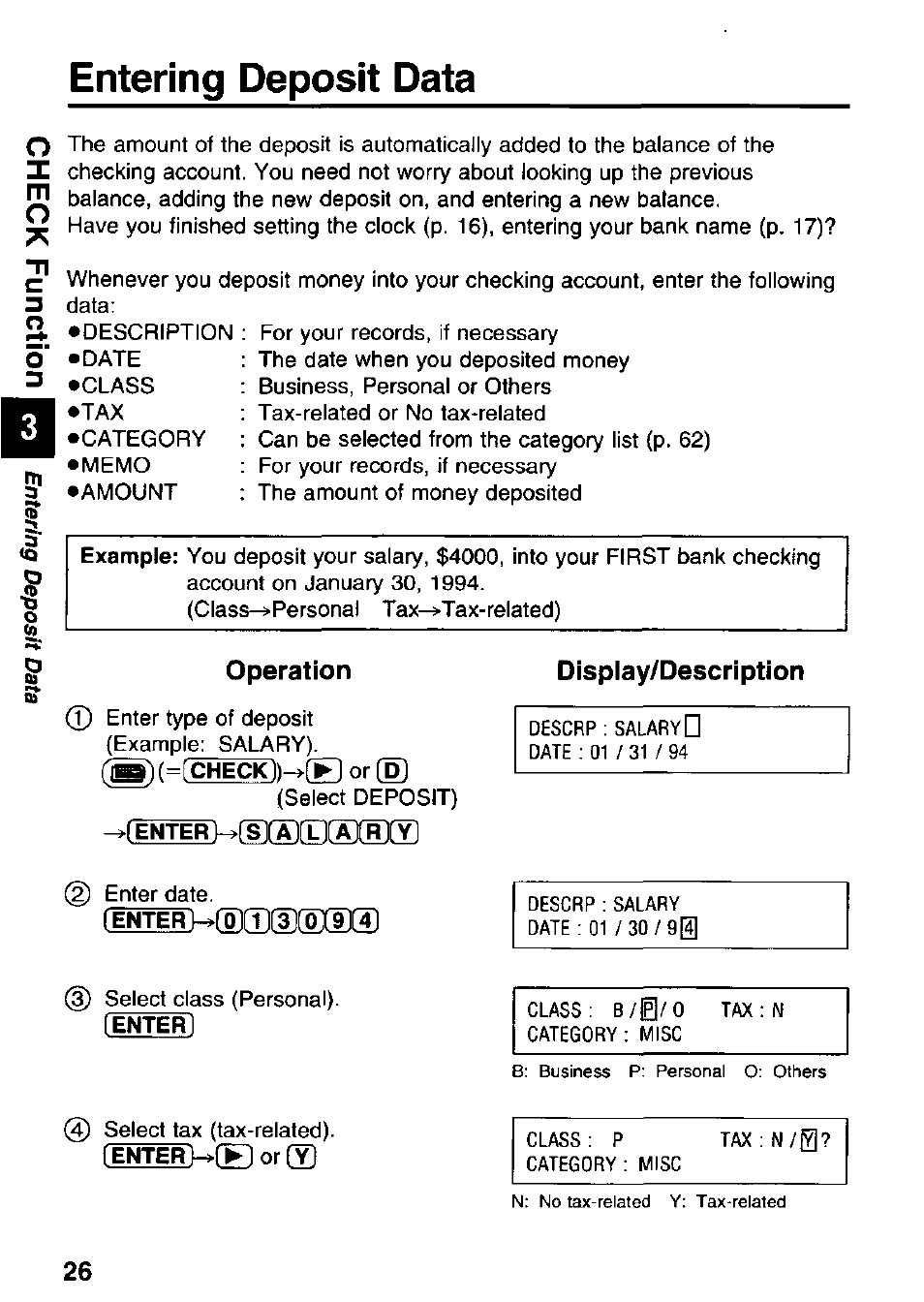 Entering deposit data, Operation, Display/description | Panasonic KX-RC95 User Manual | Page 26 / 68