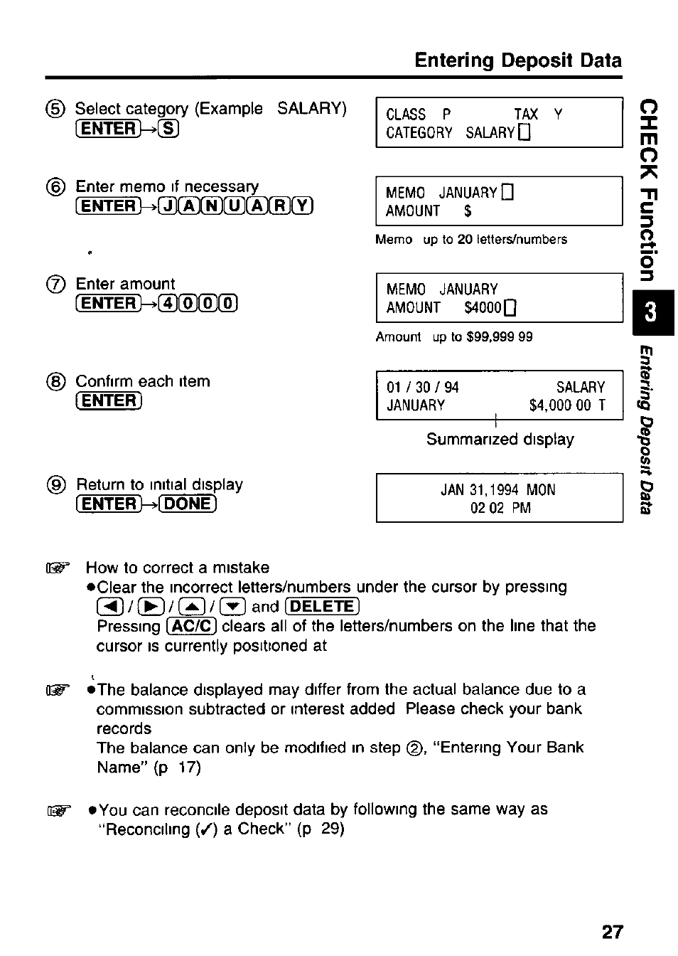 Entering deposit data | Panasonic KX-RC95 User Manual | Page 27 / 68