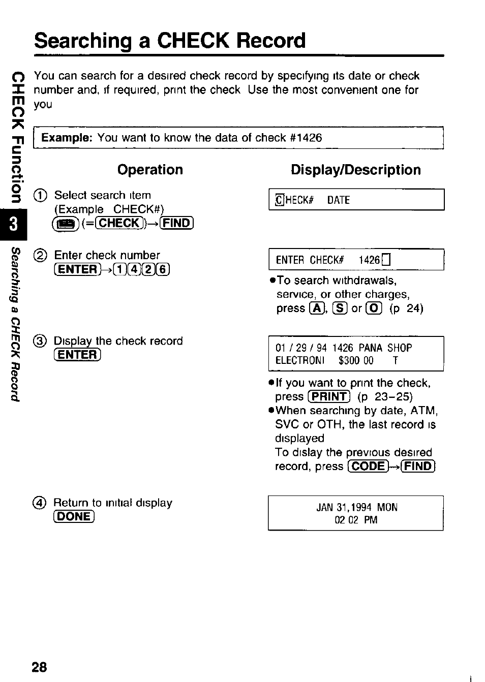 Operation, Display/description, Searching a check record | Panasonic KX-RC95 User Manual | Page 28 / 68