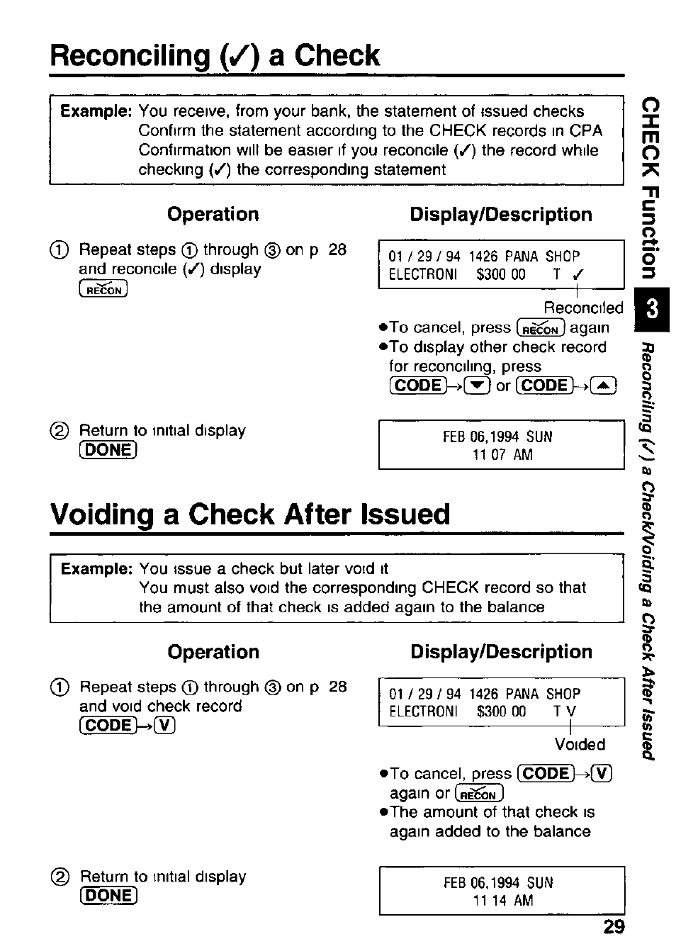 Reconciling (/) a check, Operation, Display/description | Voiding a check after issued, Reconciling (✓ ) a check | Panasonic KX-RC95 User Manual | Page 29 / 68