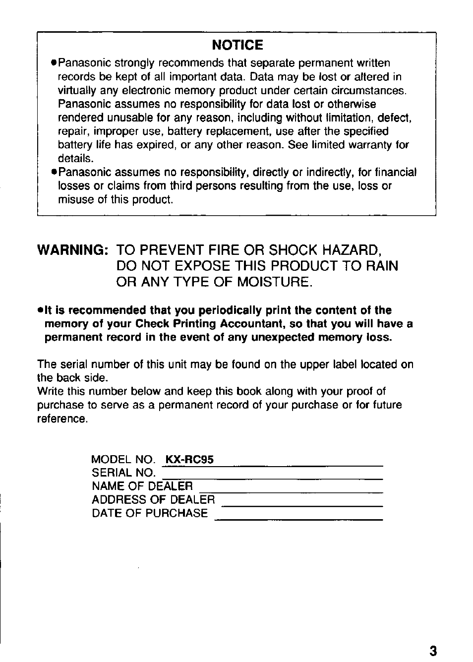 Notice | Panasonic KX-RC95 User Manual | Page 3 / 68