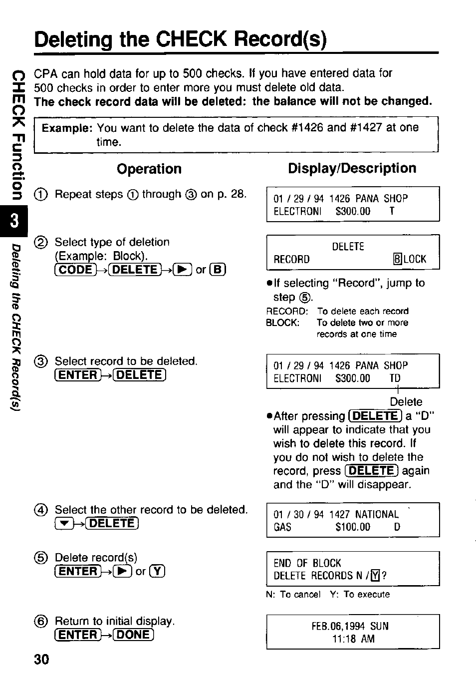 Operation, Display/description, Deleting the check record(s) | Panasonic KX-RC95 User Manual | Page 30 / 68