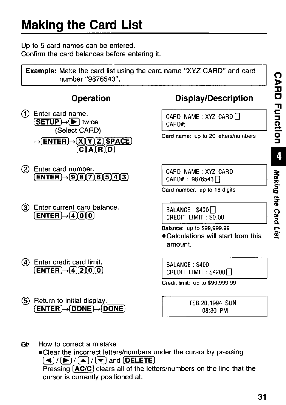 Making the card list, Operation, Display/description | L-^fnfylf, 1©®®[d) | Panasonic KX-RC95 User Manual | Page 31 / 68