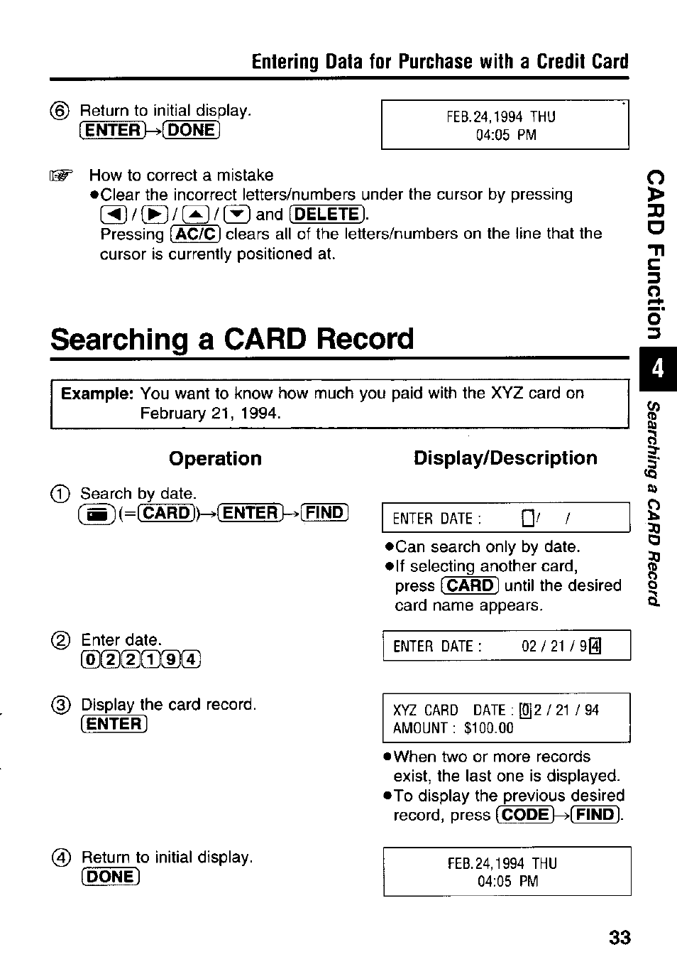 Entering data for purchase with a credit card, Searching a card record, Operation | Display/description, Searching a check record | Panasonic KX-RC95 User Manual | Page 33 / 68