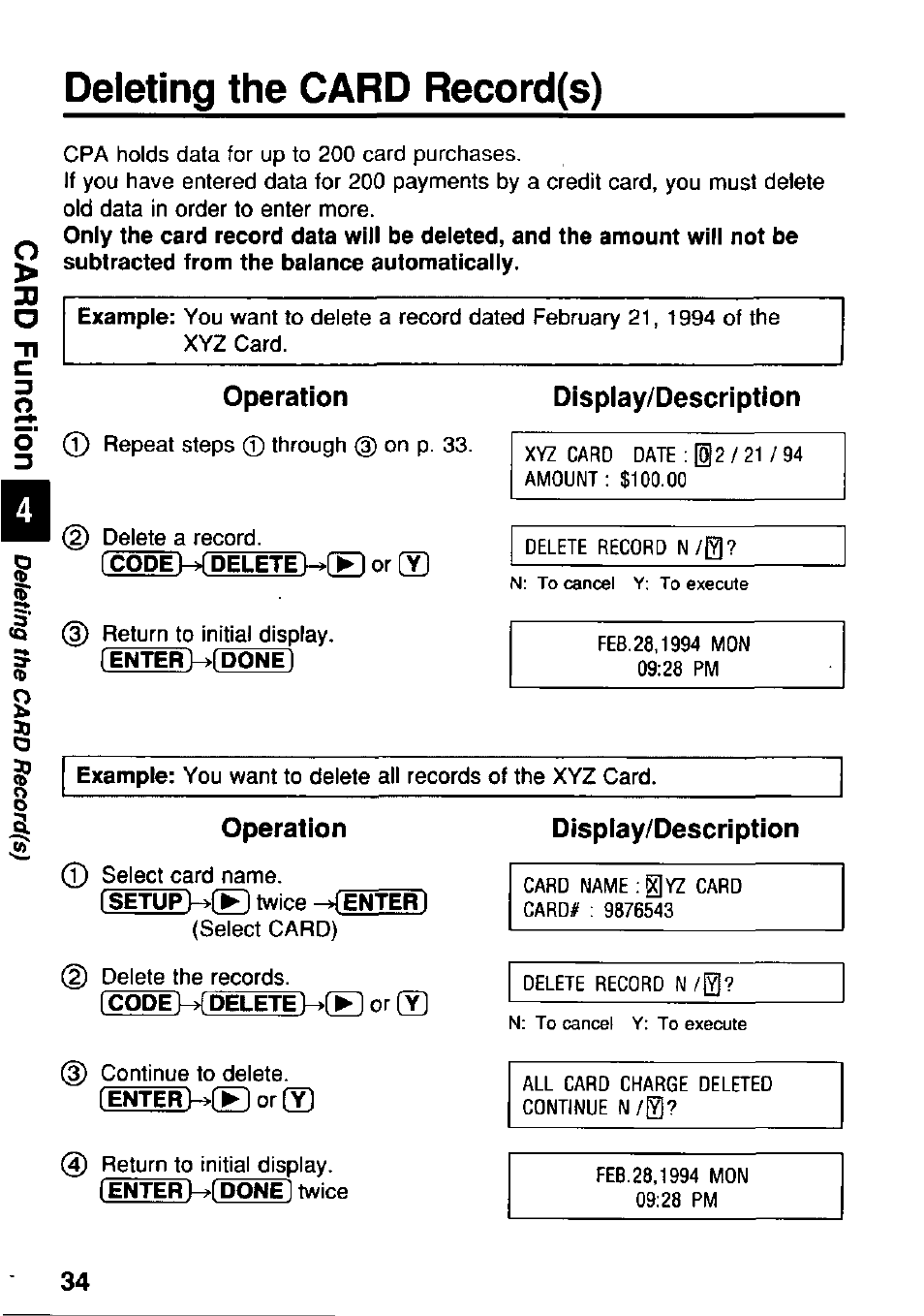 Operation, Display/description, Deleting the card record(s) | Panasonic KX-RC95 User Manual | Page 34 / 68