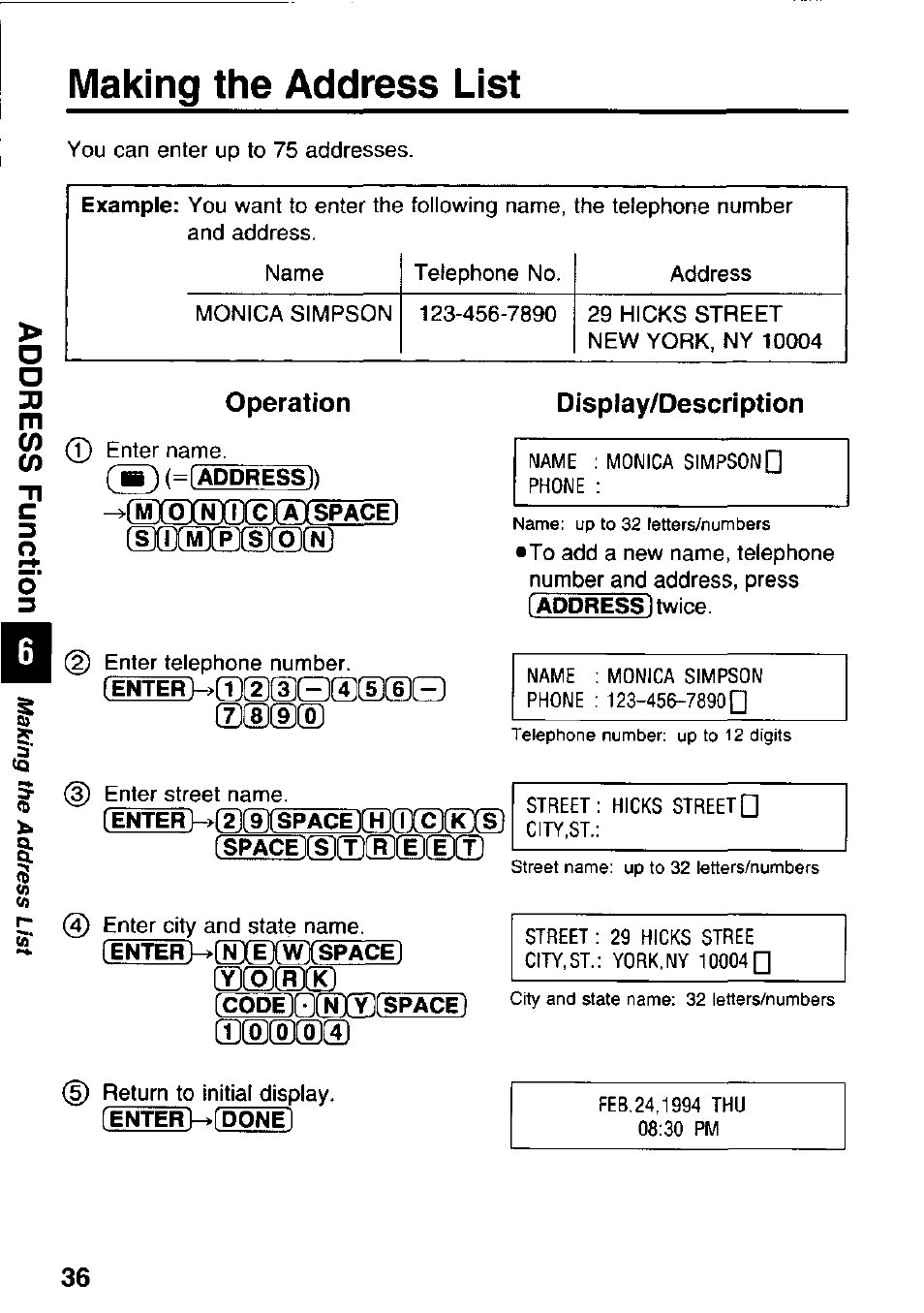 Making the address list, Operation, Мщщ[сш5расё1 | Display/description | Panasonic KX-RC95 User Manual | Page 36 / 68