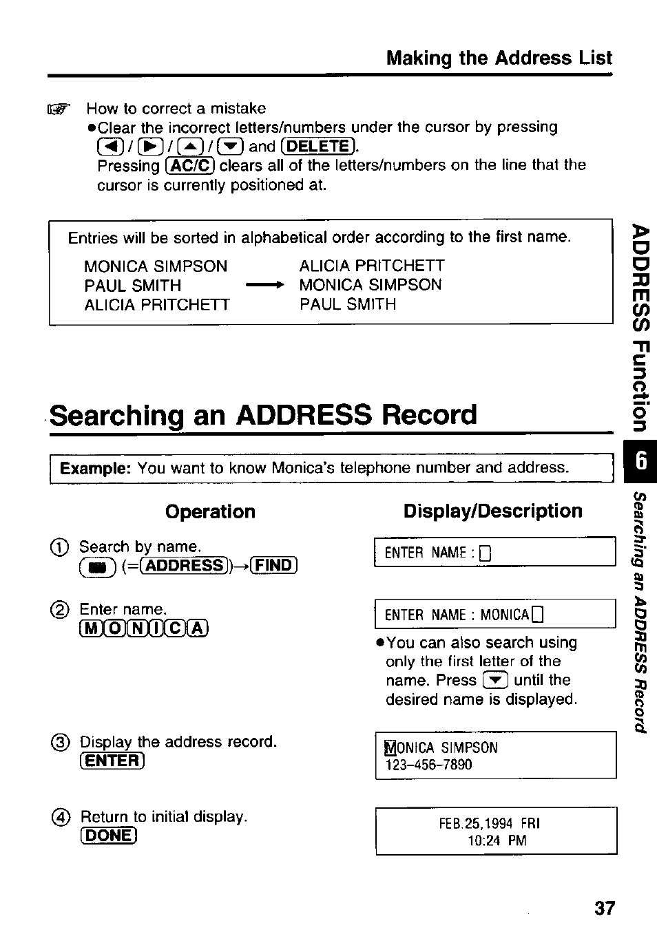 Searching an address record, Operation, Display/description | Searching a card record, Making the address list, Operation display/description | Panasonic KX-RC95 User Manual | Page 37 / 68