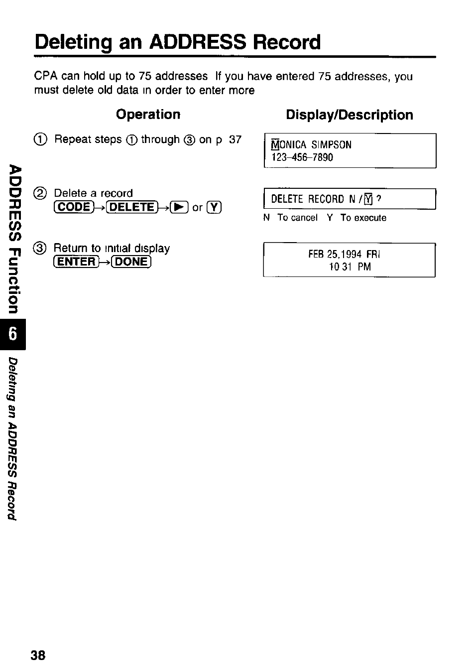 Deleting an address record, Operation, Display/description | Searching an address record, C/> cn | Panasonic KX-RC95 User Manual | Page 38 / 68