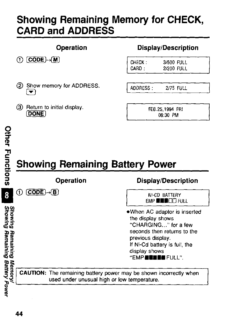 Showing remaining memory for check, Card and address, Showing remaining battery power | Operation display/description | Panasonic KX-RC95 User Manual | Page 44 / 68