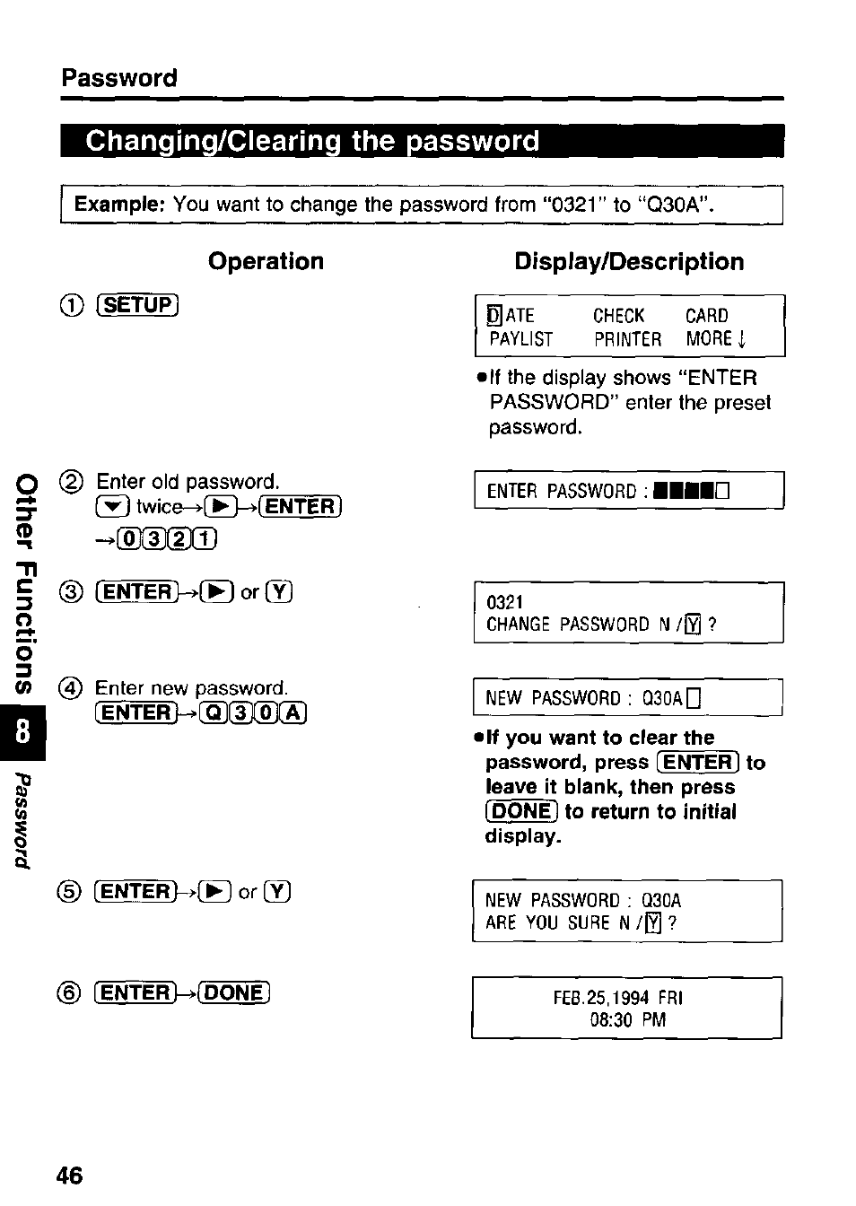 Password, Operation, Display/description | Password changing/clearing the password | Panasonic KX-RC95 User Manual | Page 46 / 68