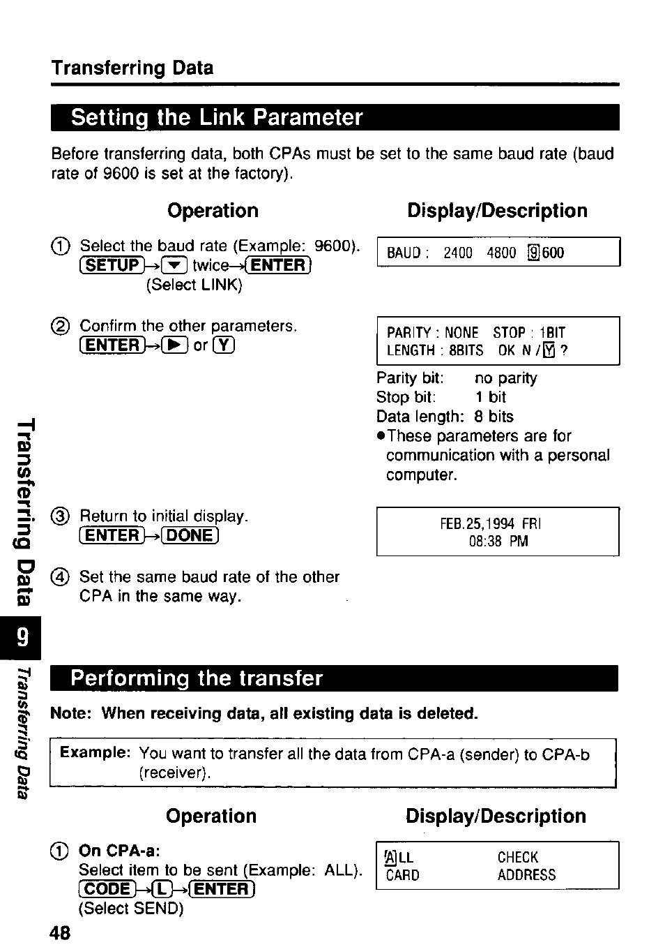 Operation, Display/description, Transferring data setting the link parameter | Performing the transfer, 48 display/description | Panasonic KX-RC95 User Manual | Page 48 / 68