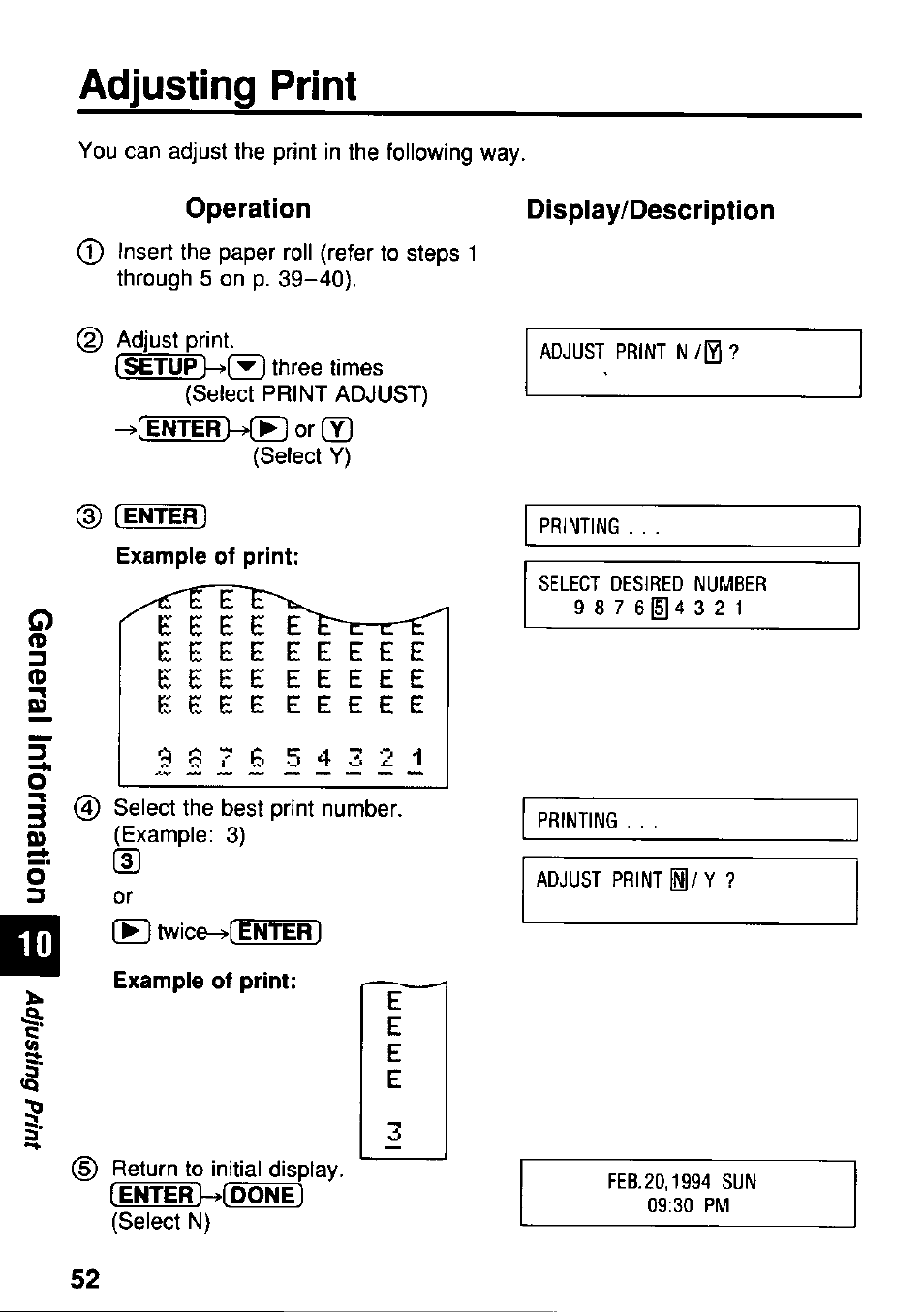 Adjusting print, Operation, Display/description | Panasonic KX-RC95 User Manual | Page 52 / 68