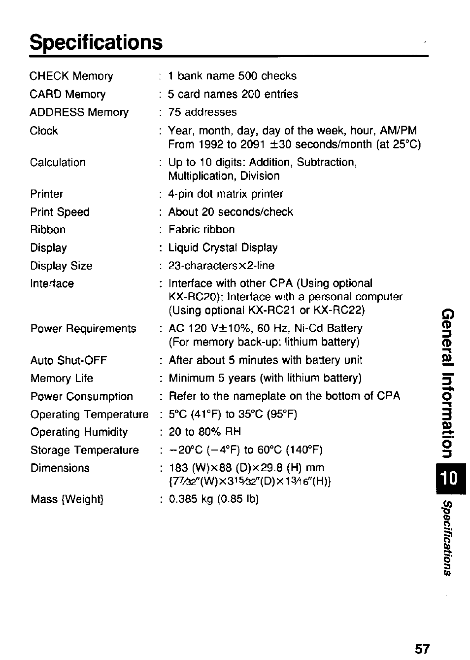 Specifications | Panasonic KX-RC95 User Manual | Page 57 / 68