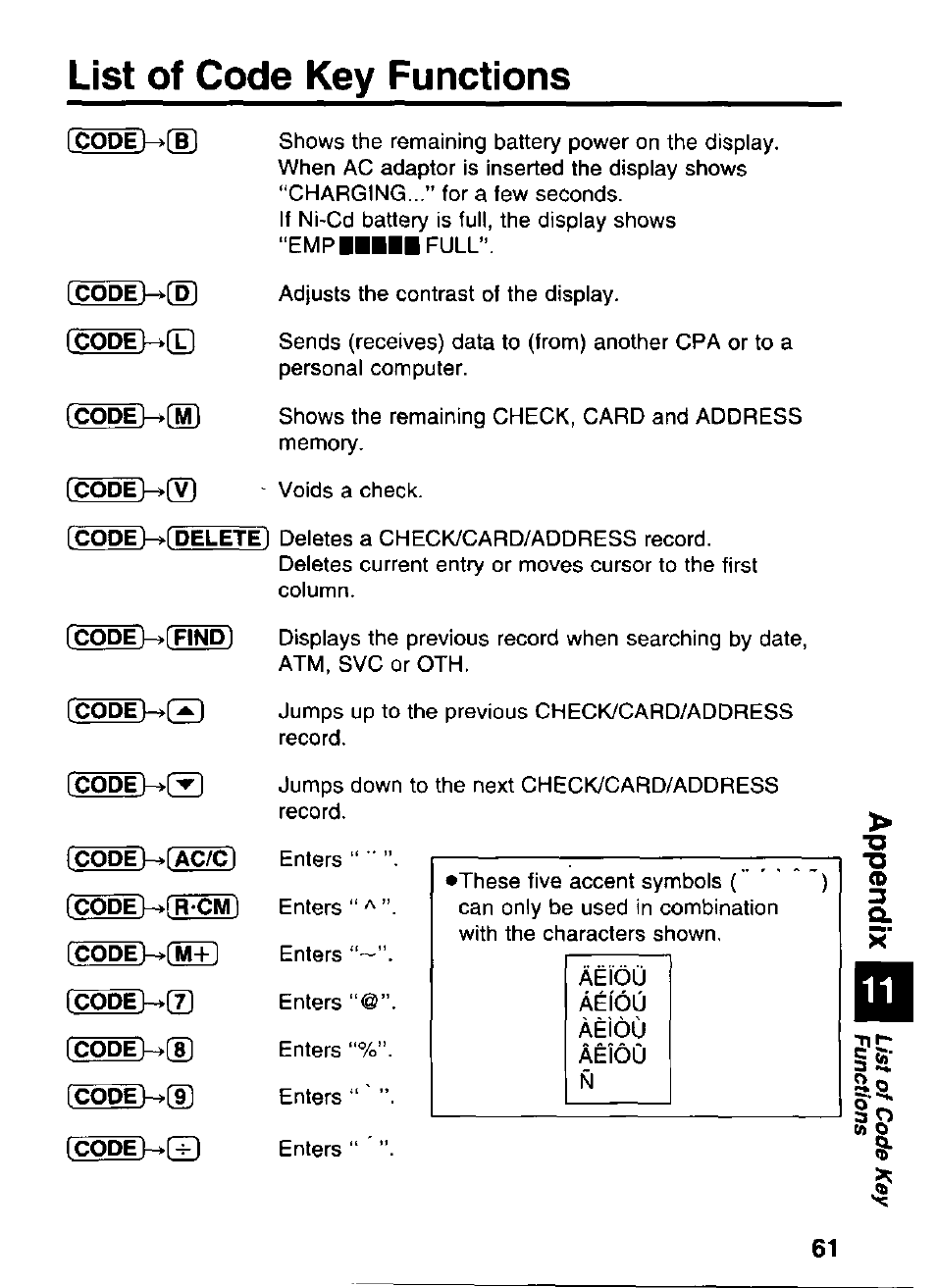 List of code key functions | Panasonic KX-RC95 User Manual | Page 61 / 68