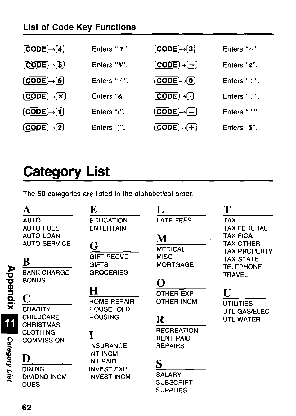 List of code key functions, Category list, Ae l t | Panasonic KX-RC95 User Manual | Page 62 / 68