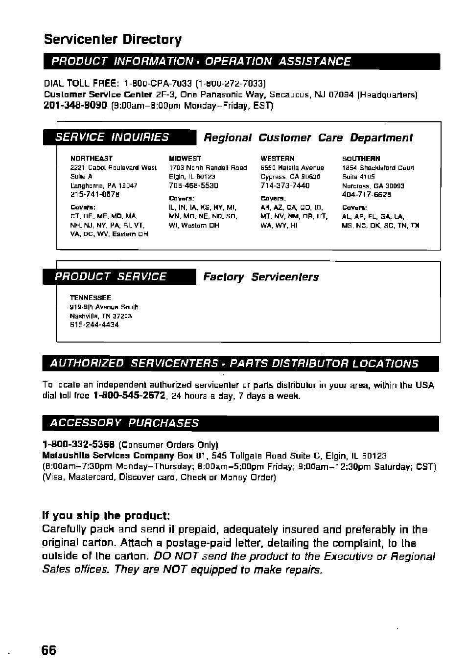 Servicenter directory, Regional customer care department, Cavera | Factory servicenters, If you ship ihe product, Product information - operation assistance, Service inquiries, Product service, Accessory purchases, Cavere | Panasonic KX-RC95 User Manual | Page 66 / 68