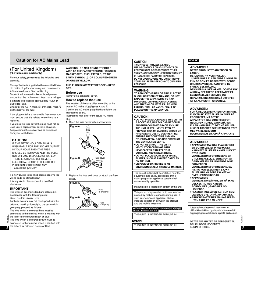 For united kingdom), Caution for ac mains lead | Panasonic DVD-PS3 User Manual | Page 2 / 22