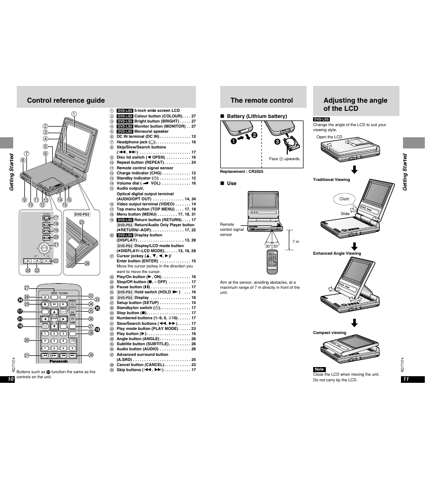 Control reference guide, Adjusting the angle of the lcd, The remote control | Panasonic DVD-PS3 User Manual | Page 7 / 22