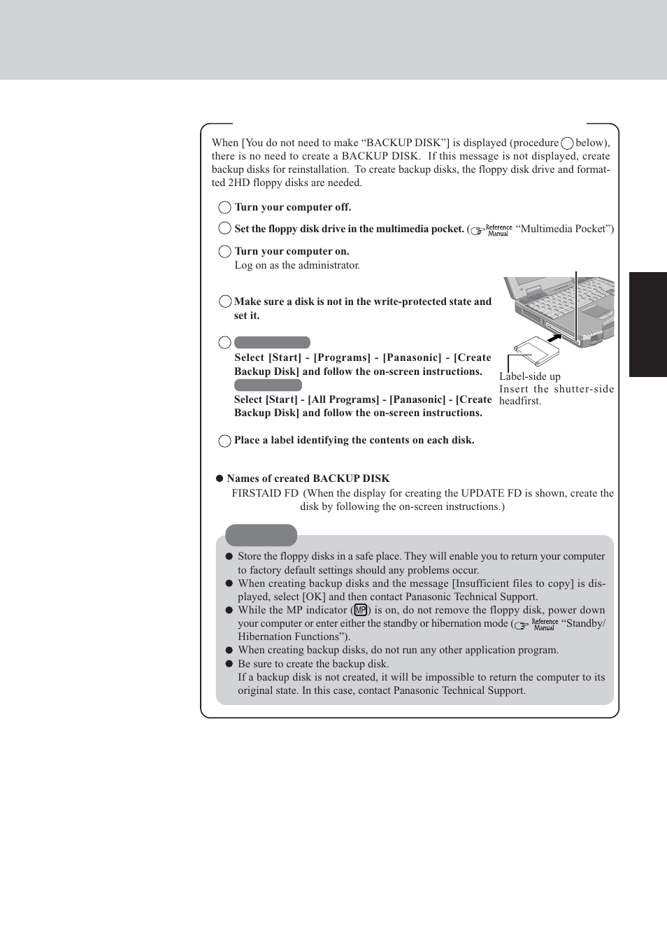 Create backup disks for reinstallation, Getting star te d | Panasonic CF-72 Series User Manual | Page 13 / 36