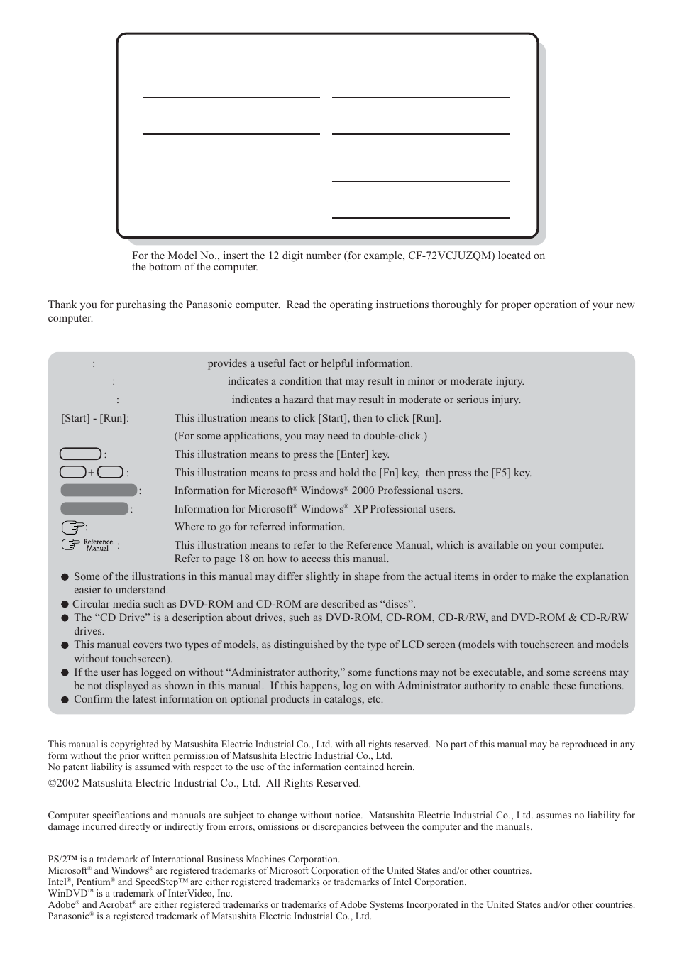 Customer's record, Copyright, Disclaimer | Trademarks, Introduction, Illustrations and terminology in this manual | Panasonic CF-72 Series User Manual | Page 2 / 36