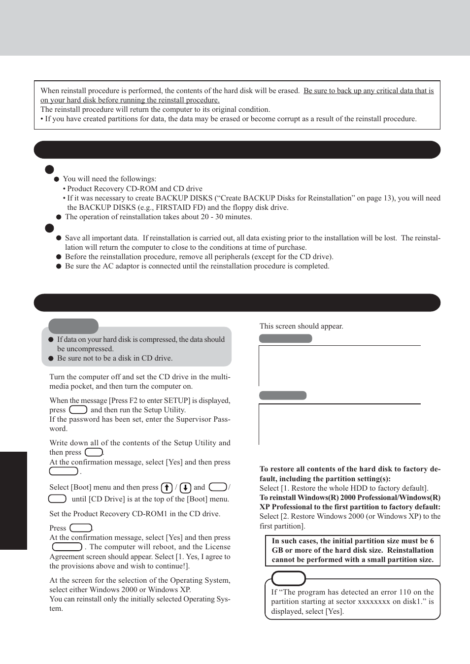 Reinstalling software, Before reinstallation, Reinstalling | Troub leshooting | Panasonic CF-72 Series User Manual | Page 24 / 36