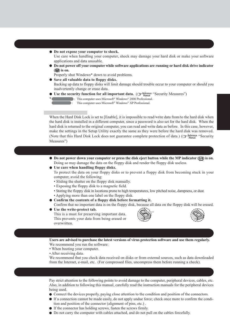 Saving data on the hard disk, Saving data on floppy disks, Computer viruses | Hard disk lock, When using peripheral devices, Getting star te d | Panasonic CF-72 Series User Manual | Page 7 / 36