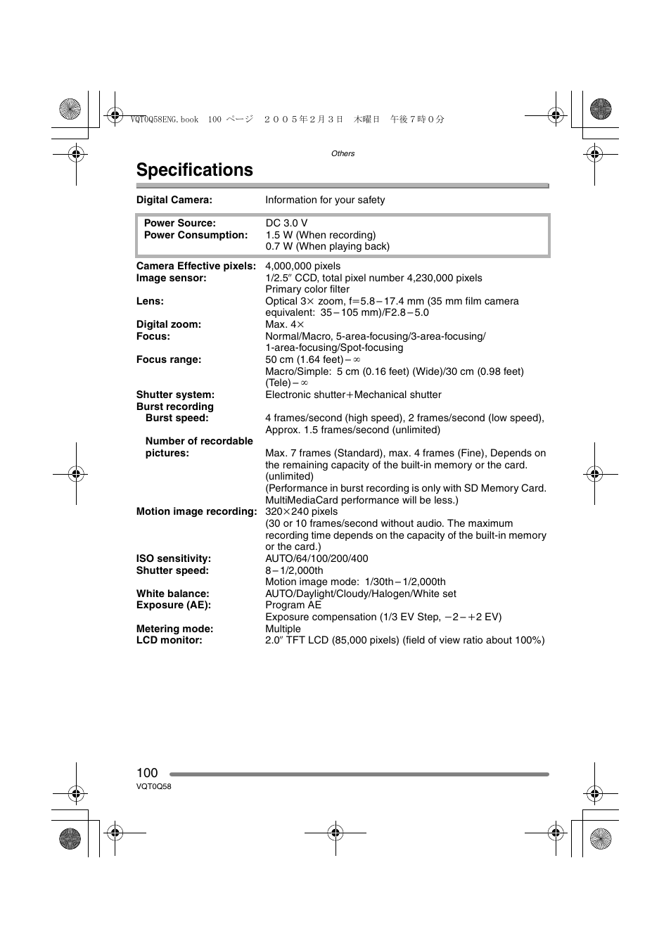 Specifications | Panasonic DMC-LS1PP User Manual | Page 100 / 112