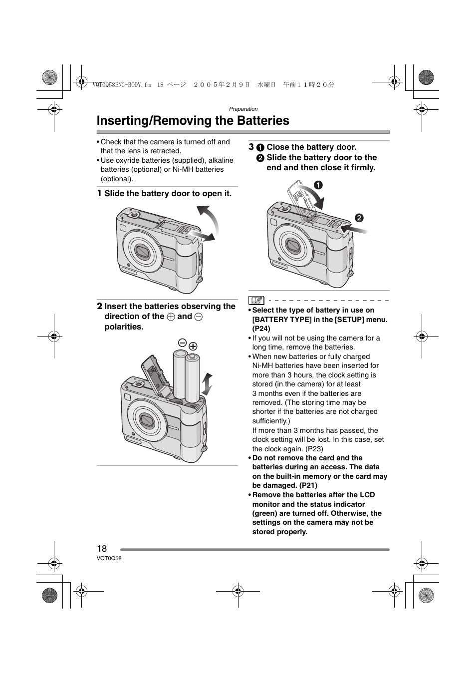 Inserting / removing the batteries, Inserting/removing the batteries | Panasonic DMC-LS1PP User Manual | Page 18 / 112