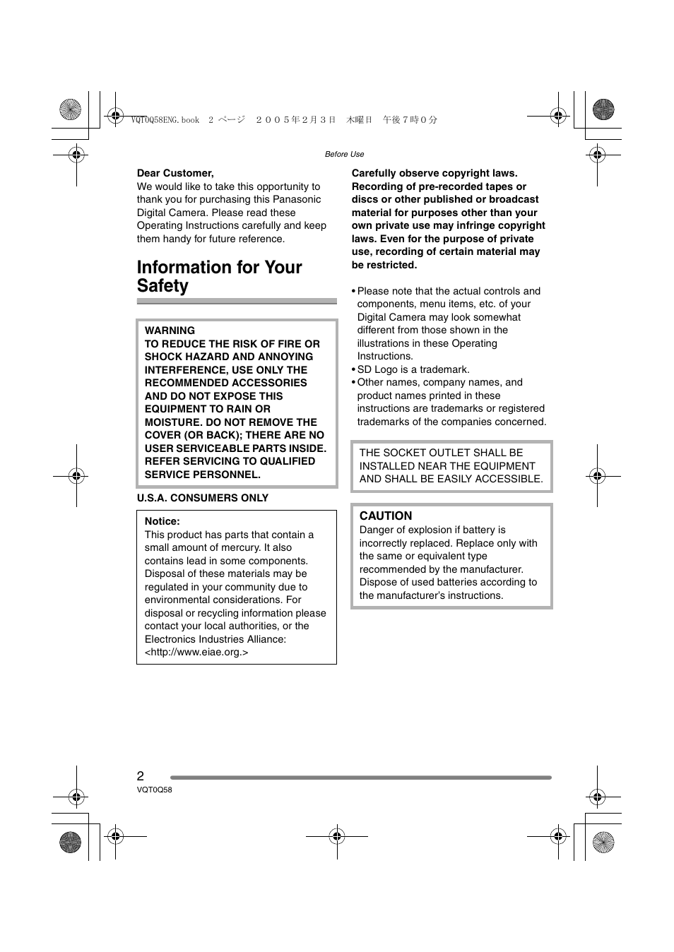 Before use, Information for your safety | Panasonic DMC-LS1PP User Manual | Page 2 / 112