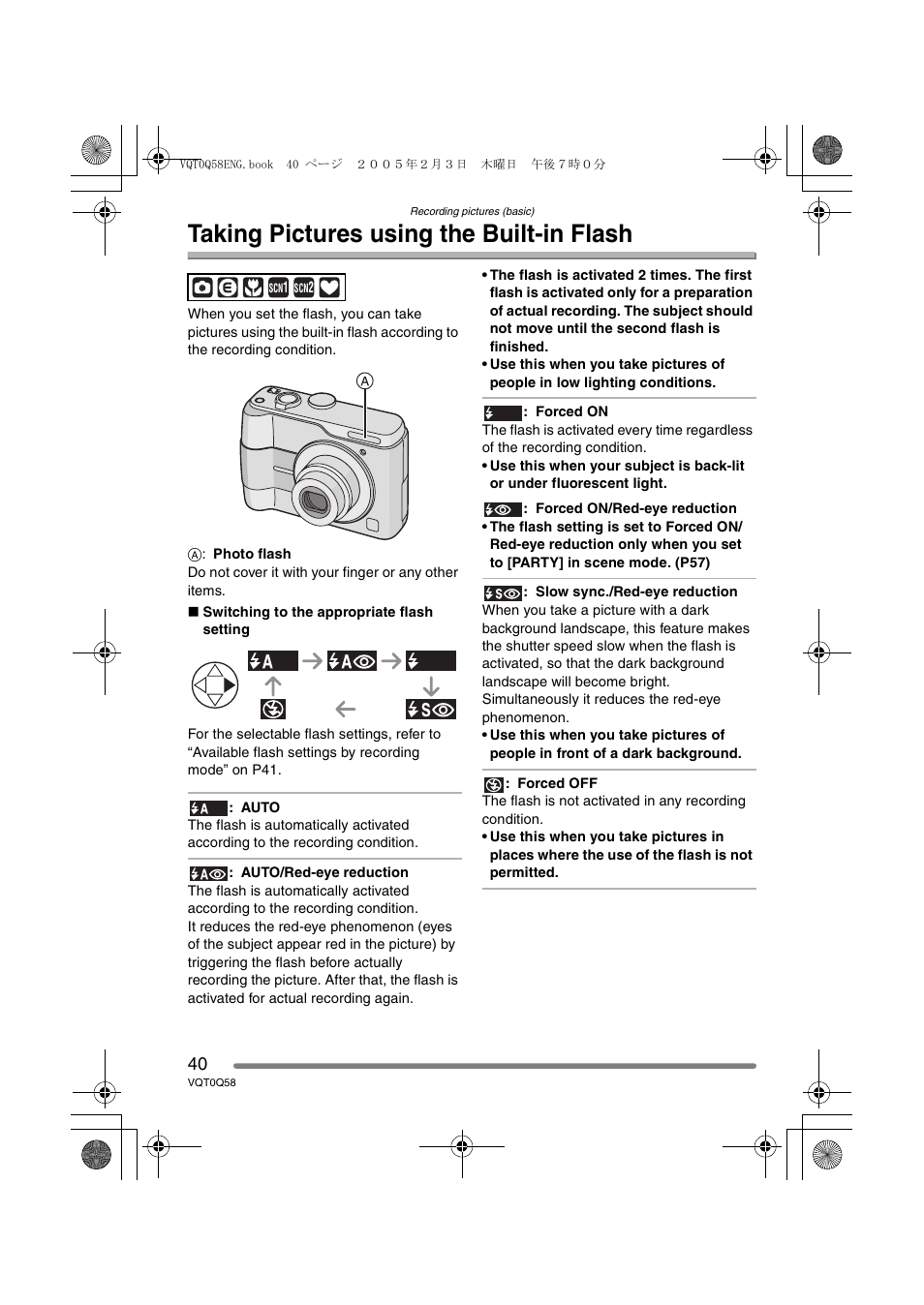 Taking pictures using the built - in flash, Taking pictures using the built-in flash | Panasonic DMC-LS1PP User Manual | Page 40 / 112