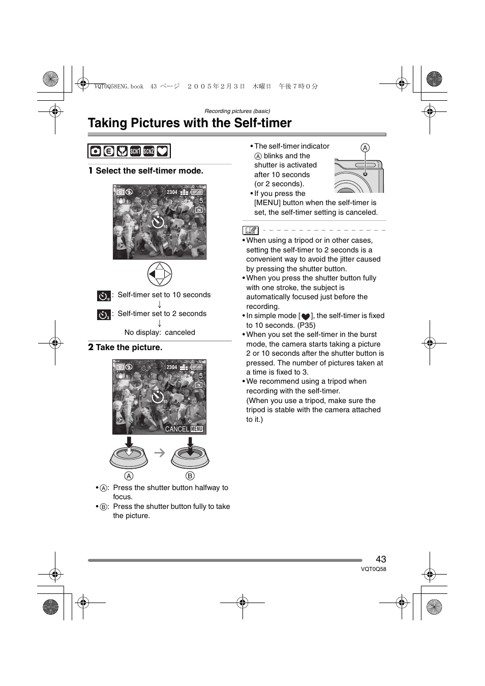 Taking pictures with the self - timer, Taking pictures with the self-timer | Panasonic DMC-LS1PP User Manual | Page 43 / 112