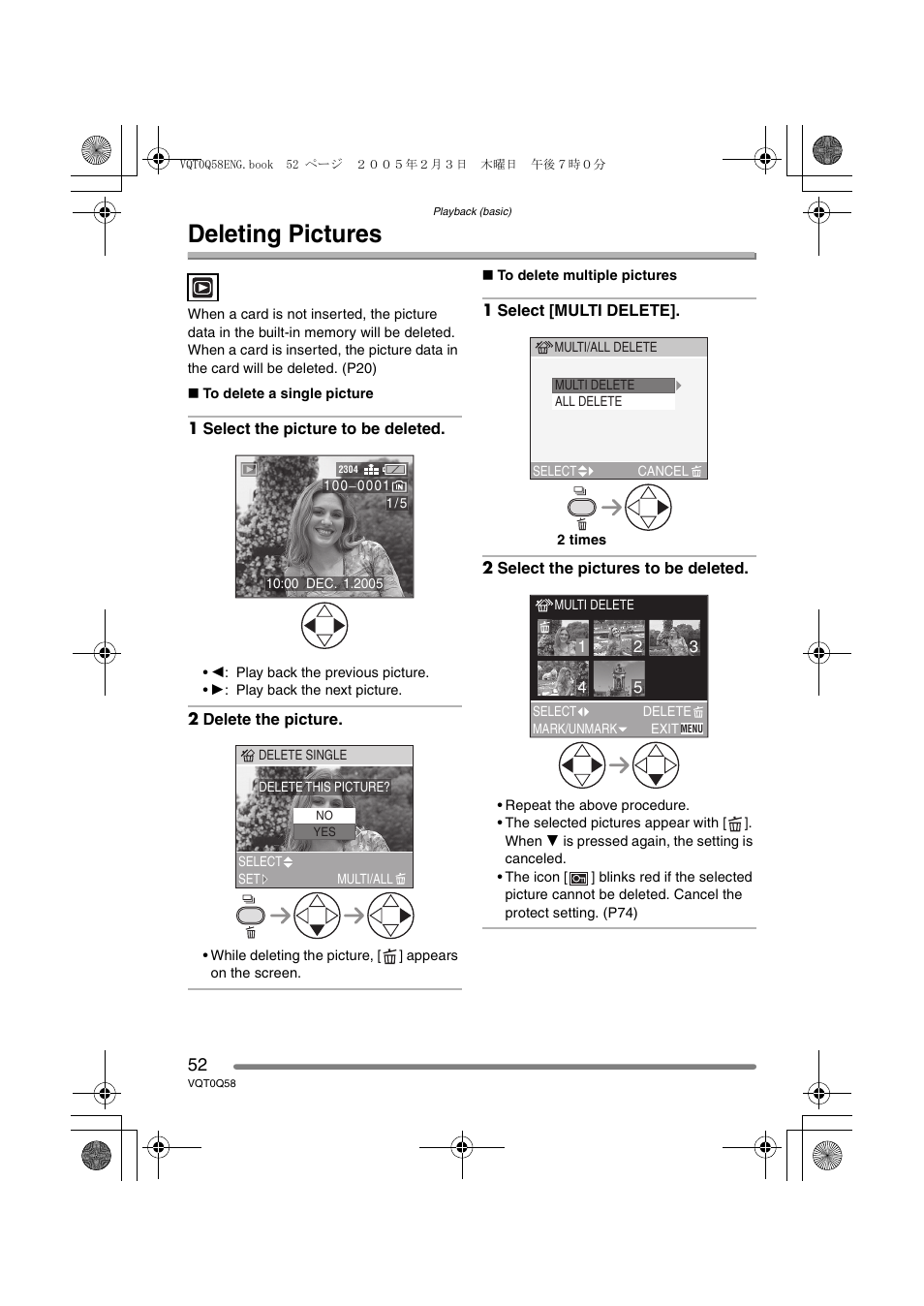Deleting pictures | Panasonic DMC-LS1PP User Manual | Page 52 / 112