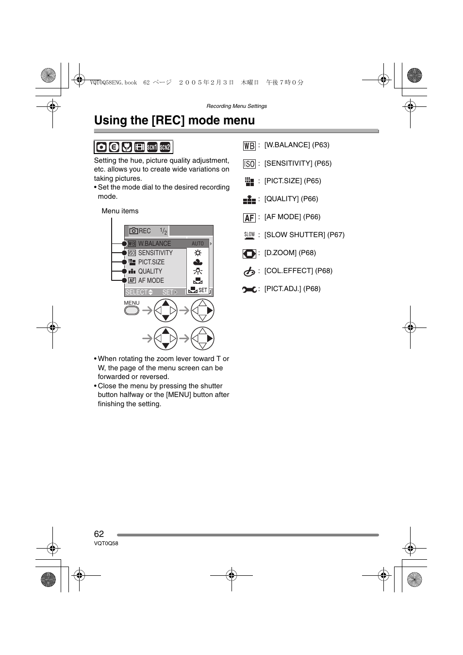 Recording menu settings, Using the [rec] mode menu | Panasonic DMC-LS1PP User Manual | Page 62 / 112