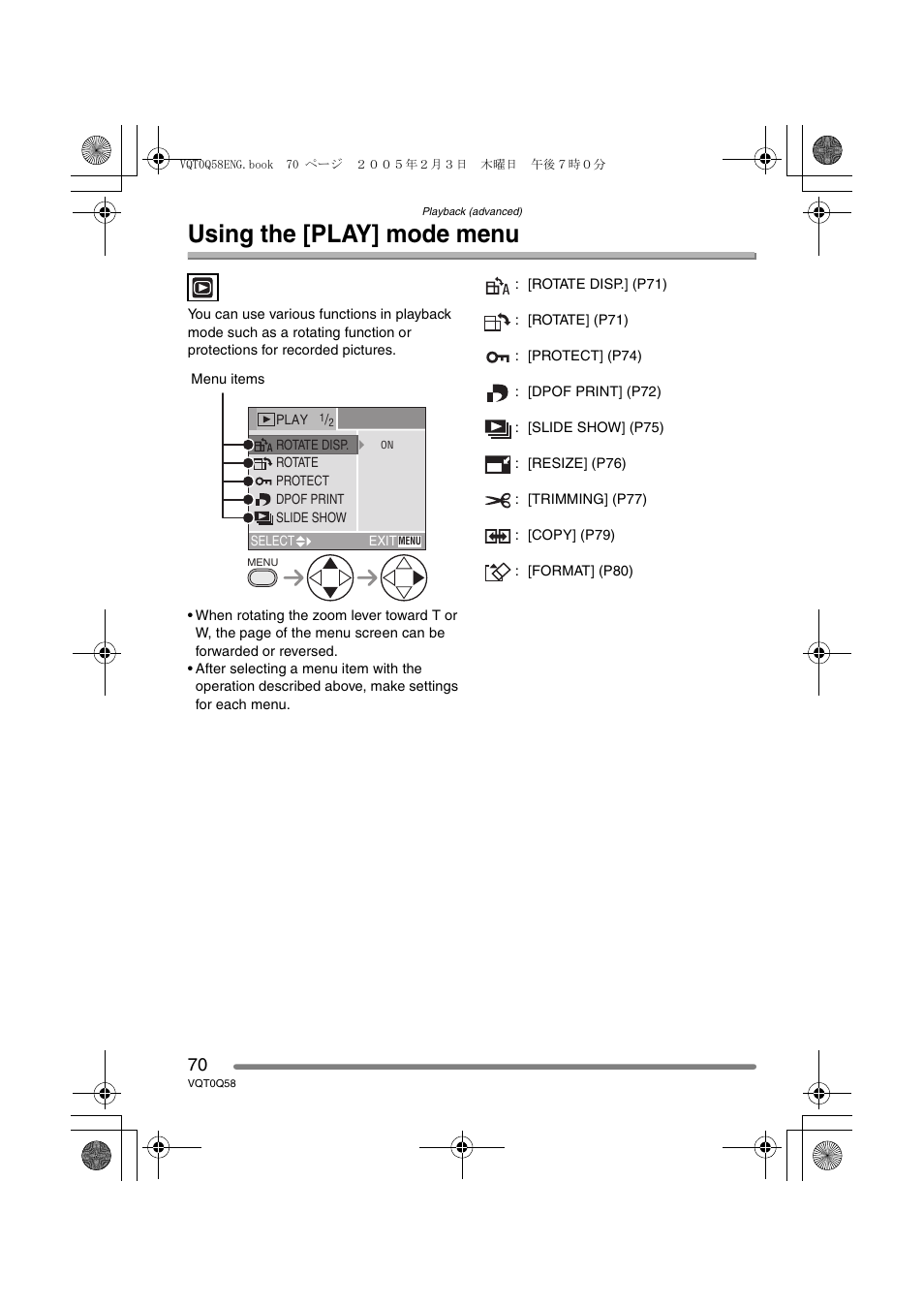 Using the [play] mode menu | Panasonic DMC-LS1PP User Manual | Page 70 / 112