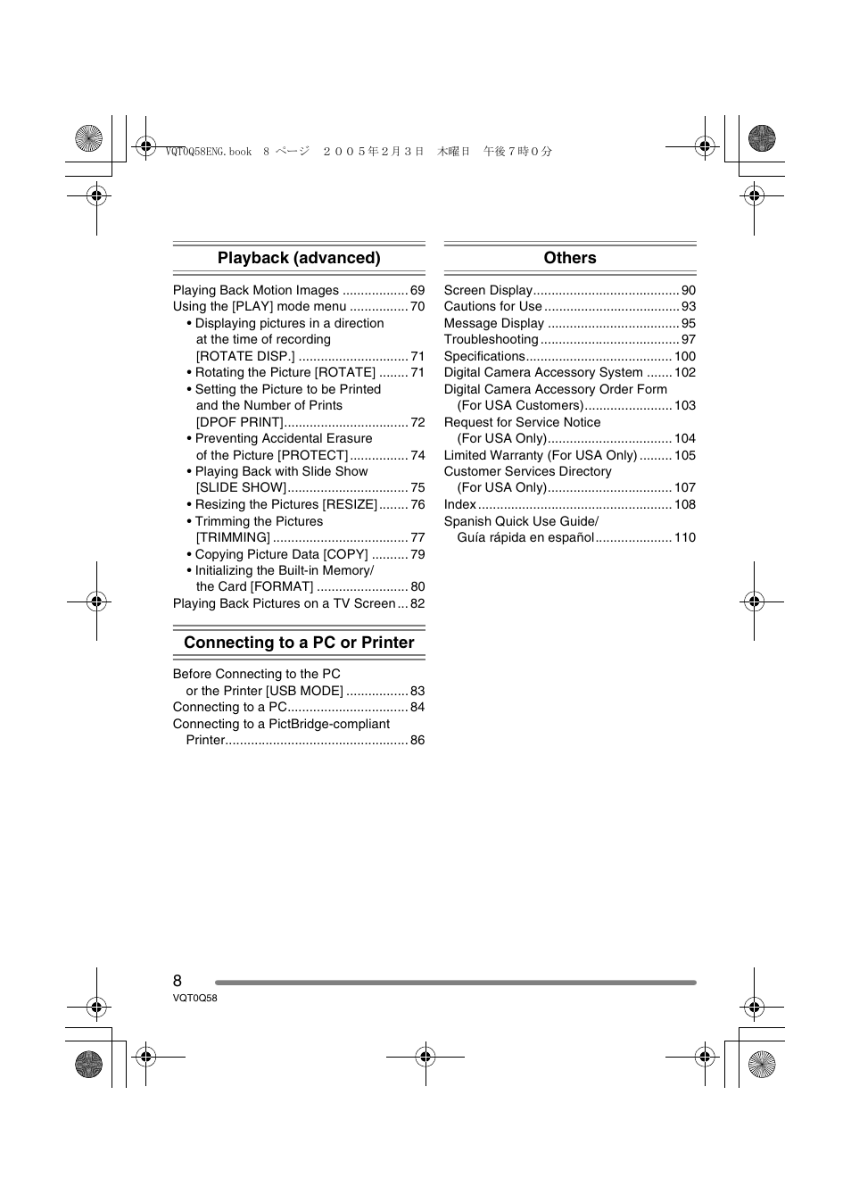 Playback (advanced), Connecting to a pc or printer, Others | Panasonic DMC-LS1PP User Manual | Page 8 / 112