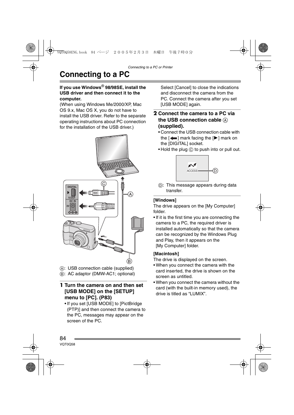 Connecting to a pc | Panasonic DMC-LS1PP User Manual | Page 84 / 112